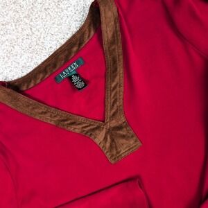 Lauren Ralph‎ Lauren Top Women's Medium Red Brown Trim Long Sleeve
